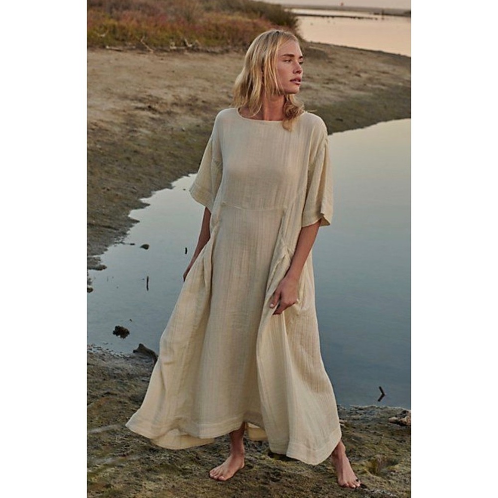 Free People Live Light Cream Gauze Midi Dress Short Sleeve Boho Ivory L FLAW